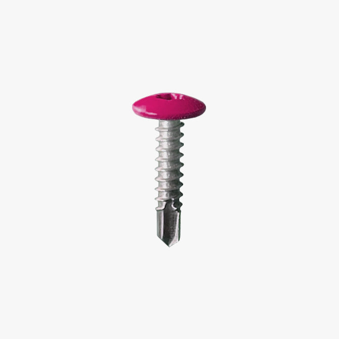 Metal screw with a pink head on a white background