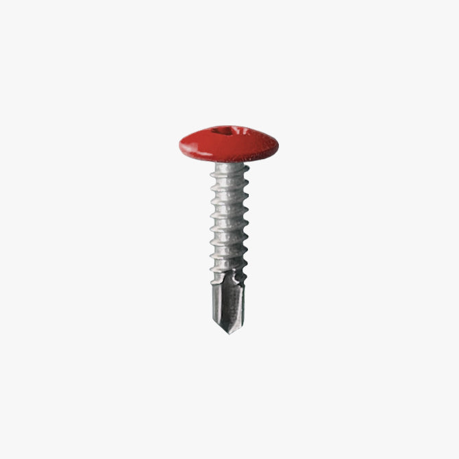 Screw with a red head on a white background