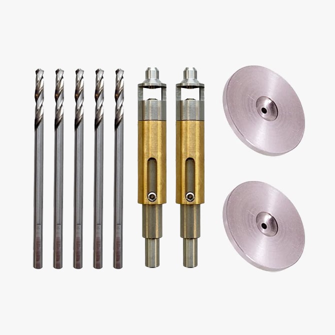 A product bundle of 5 replacement drill bits, 2 Centralising Drilling Tools, 2 Rivet Setting Nose Pieces
