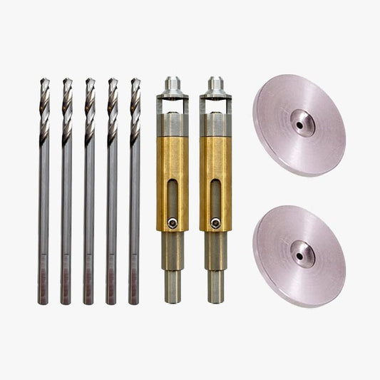 A product bundle of 5 replacement drill bits, 2 Centralising Drilling Tools, 2 Rivet Setting Nose Pieces
