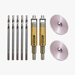 A product bundle of 5 replacement drill bits, 2 Centralising Drilling Tools, 2 Rivet Setting Nose Pieces