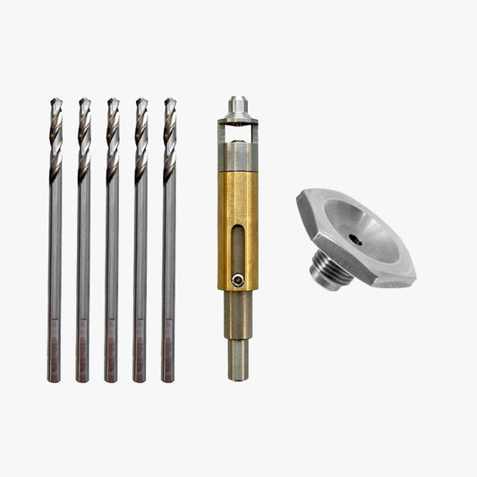 A collection of panel installation tools including a centralising drilling tool, drill bits, and a rivet setting nose piece.