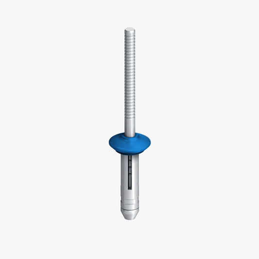 An EJOT bulb tite rivet featuring a matte blue rivet head